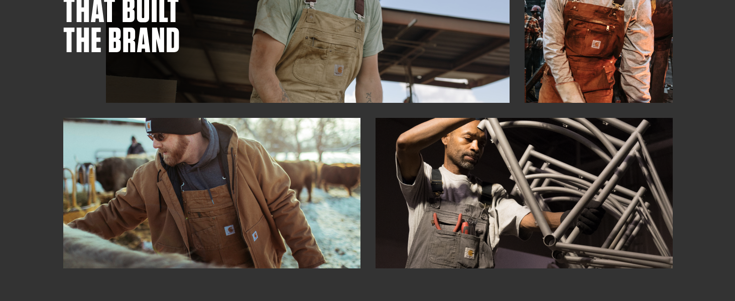 Images showcasing Carhartt Men's Bib Overalls durability comfort and rugged job site performance