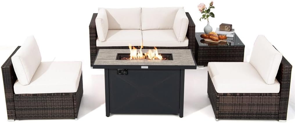 6PCS Patio Furniture Set Rattan Cushioned Gas Fire Pit Table Beige