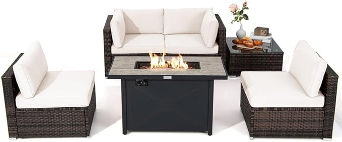 6PCS Patio Furniture Set Rattan Cushioned Gas Fire Pit Table Beige
