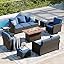  5 Pieces Outdoor Patio Furniture Set with Fire Pit Table, Rattan Wicker Patio Conversation Set with Cushioned 3-Seat Sofa Couch, Patio Loveseat, 2 Sofa Chairs for Garden Backyard Porch, Beige