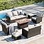  5 Pieces Outdoor Patio Furniture Set with Fire Pit Table, Rattan Wicker Patio Conversation Set with Cushioned 3-Seat Sofa Couch, Patio Loveseat, 2 Sofa Chairs for Garden Backyard Porch, Beige