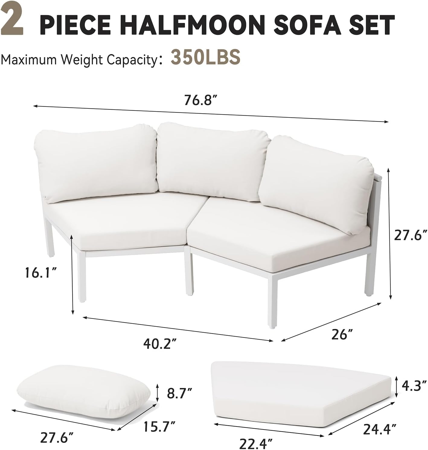  Patio Furniture Set, Modular Half Moon 2-Seater Sofa, Aluminum Outdoor Sectional with 5-Inch Water-Resistant Cushions, All Weather Couch for Backyard, Deck, Porch, Poolside