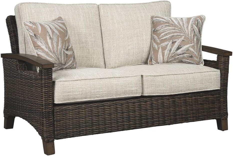  Outdoor Patio Sofa with Cushion and 2 Throw Pillows, Cleanable Performance Fabric