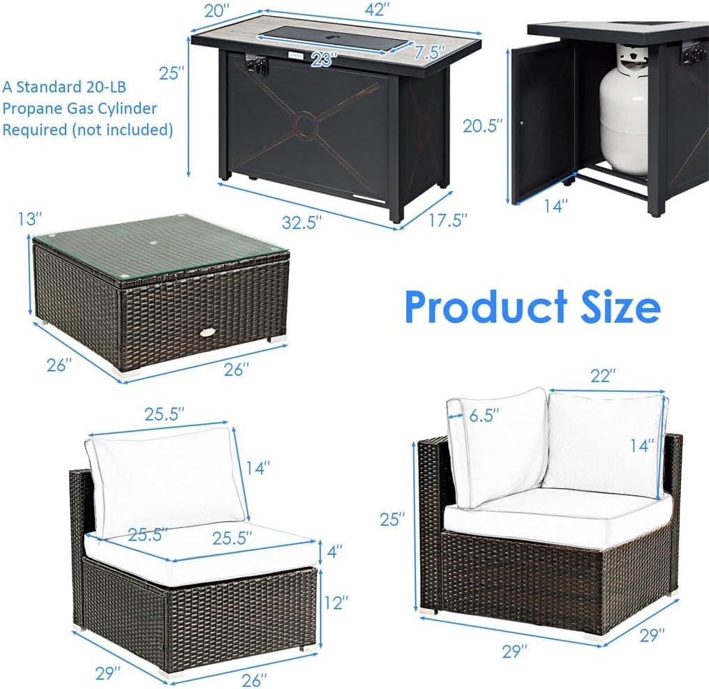 6PCS Patio Furniture Set Rattan Cushioned Gas Fire Pit Table Beige