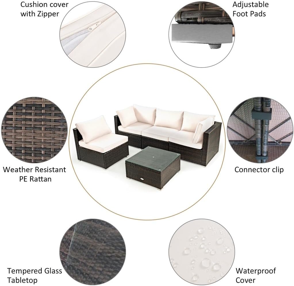 6PCS Patio Furniture Set Rattan Cushioned Gas Fire Pit Table Beige