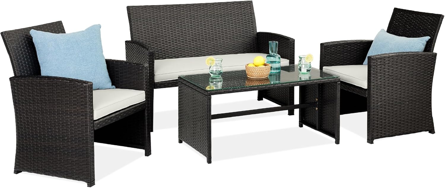 4-Piece Outdoor Wicker Patio Conversation Furniture Set for Backyard w/Coffee Table, Seat Cushions - Brown/Beige