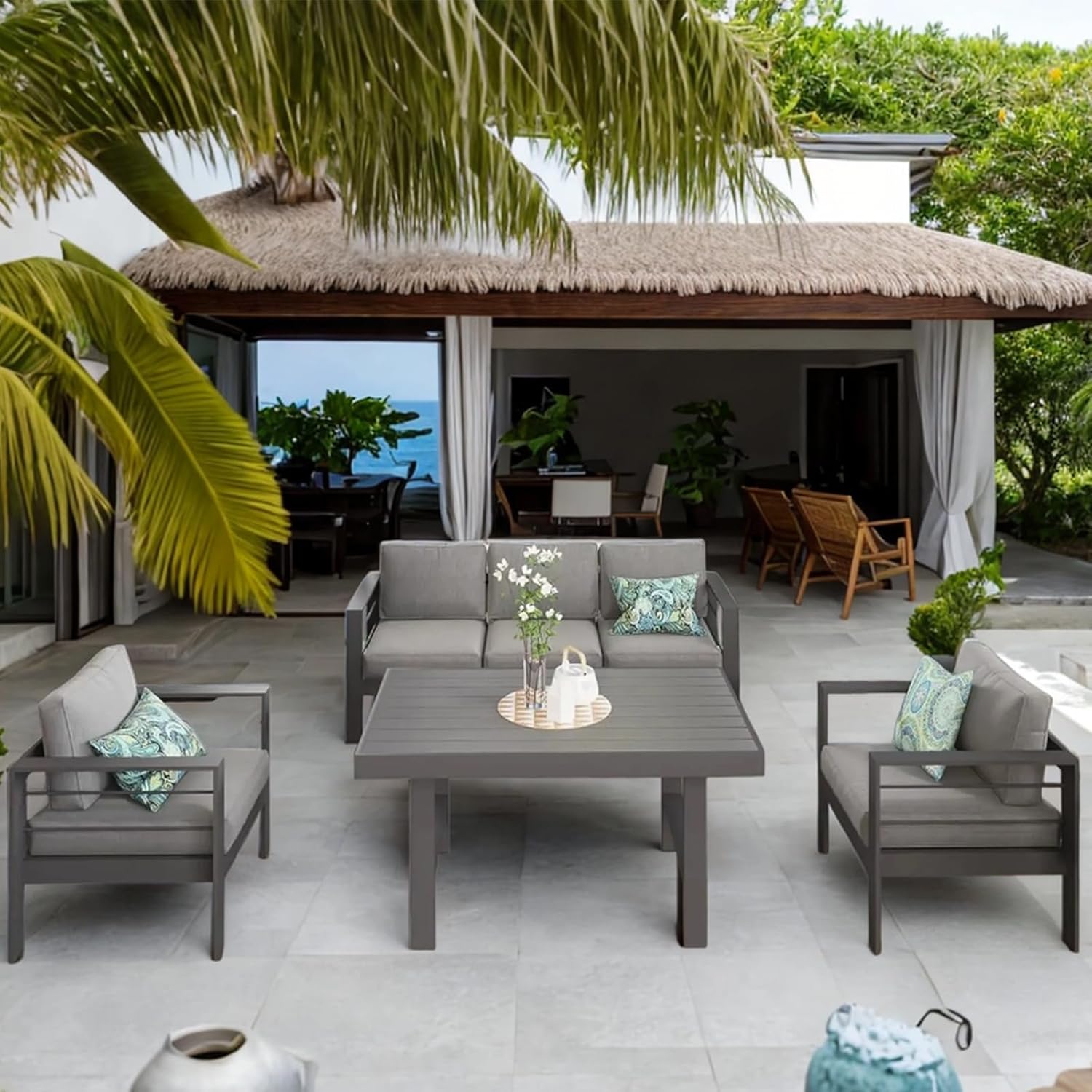  Outdoor Aluminum Furniture Set - 4 Pieces Patio Sectional Chat Sofa Conversation Set with Tempered Glass Table top Coffee Table,Grey