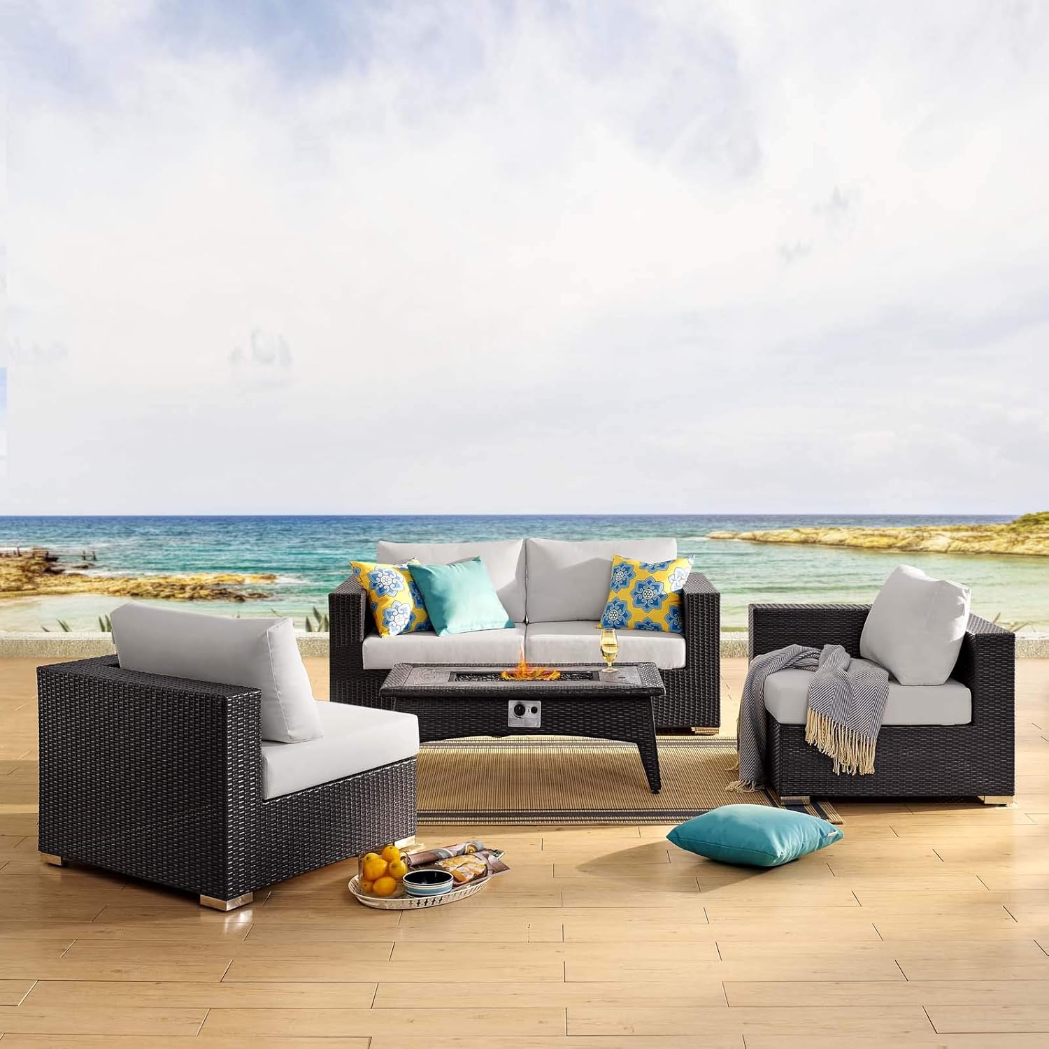  3-Pc Outdoor Patio Sectional Set with Fire Pit