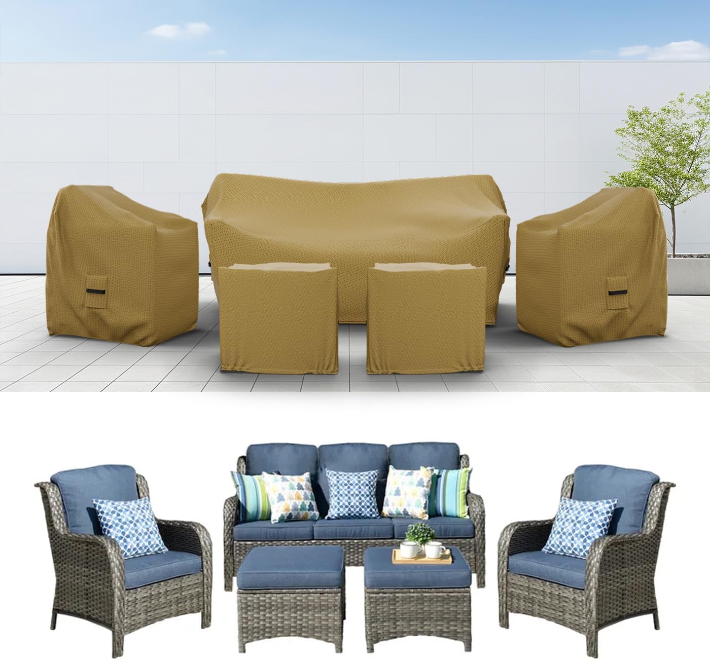 Covers & All Patio Furniture Cover Set, 5 Piece Outdoor Furniture Covers, Water-Repellent, UV & Weather Resistant Covers for Sofa, Loveseat, Chairs & Coffee Table with Elastic and Padded Handles