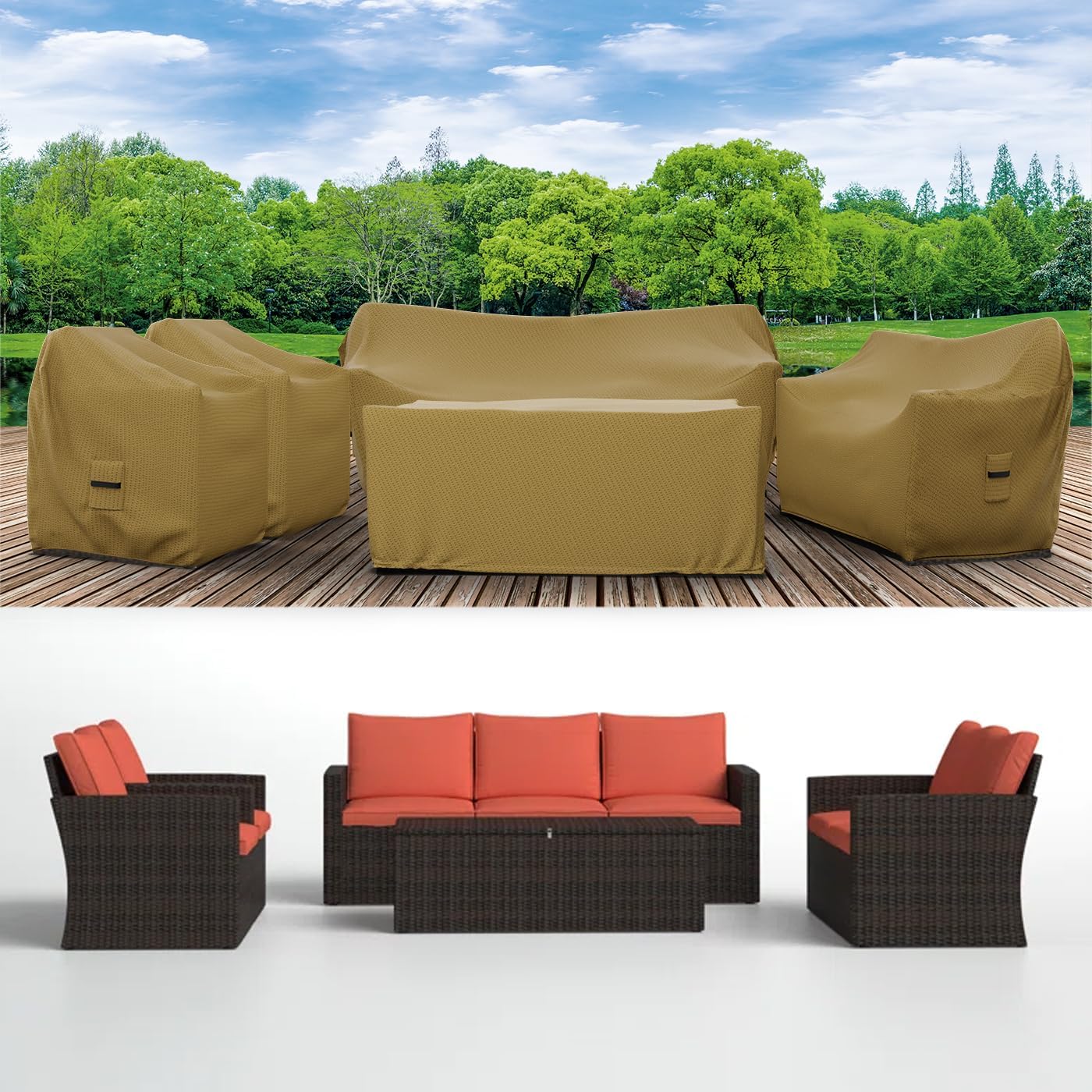 Covers & All Patio Furniture Cover Set, 5 Piece Outdoor Furniture Covers, Water-Repellent, UV & Weather Resistant Covers for Sofa, Loveseat, Chairs & Coffee Table with Elastic and Padded Handles