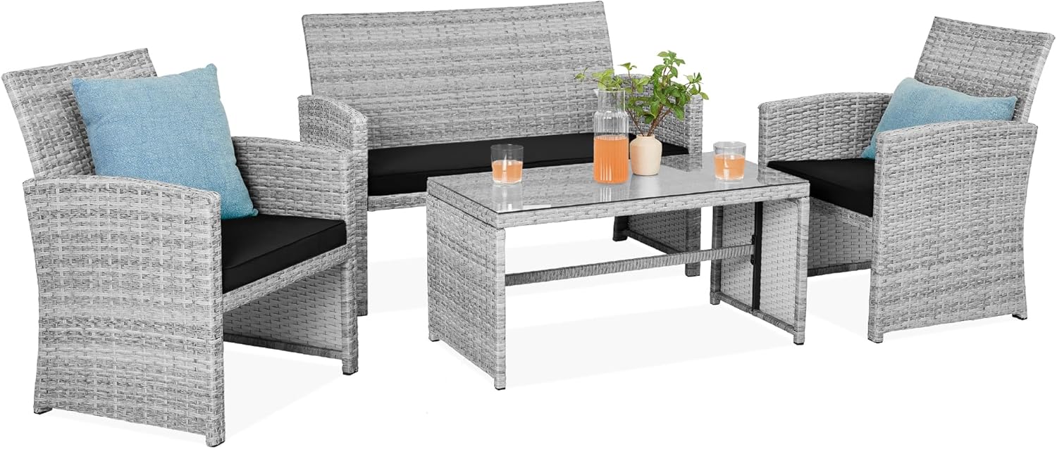 4-Piece Outdoor Wicker Patio Conversation Furniture Set for Backyard w/Coffee Table, Seat Cushions - Brown/Beige