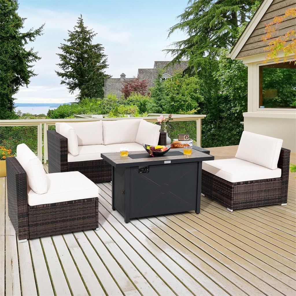6PCS Patio Furniture Set Rattan Cushioned Gas Fire Pit Table Beige