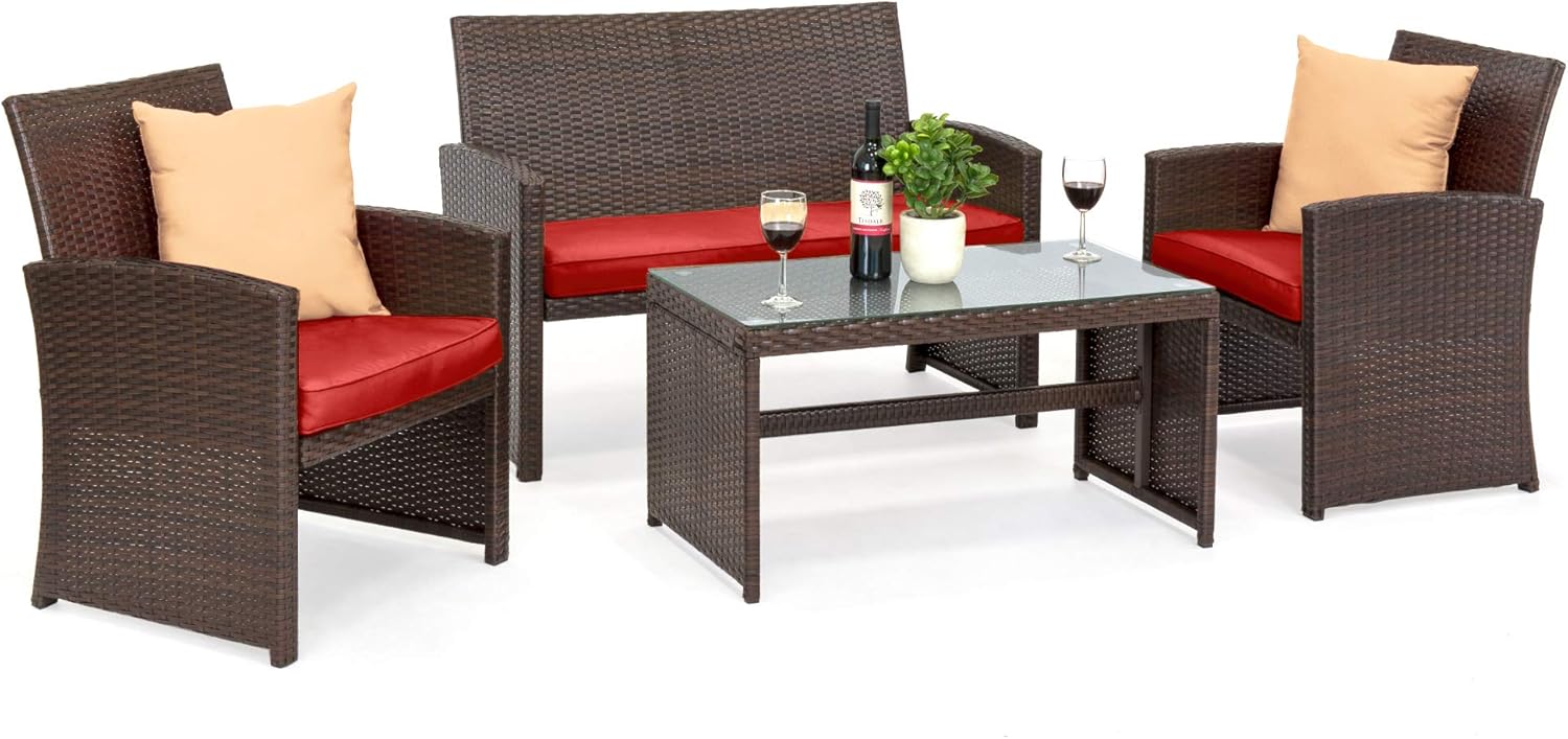 4-Piece Outdoor Wicker Patio Conversation Furniture Set for Backyard w/Coffee Table, Seat Cushions - Brown/Beige