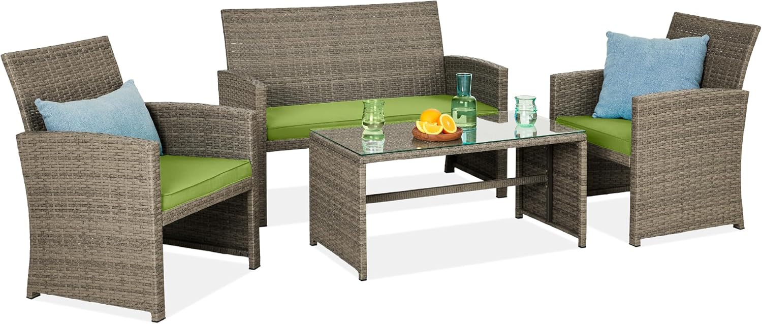4-Piece Outdoor Wicker Patio Conversation Furniture Set for Backyard w/Coffee Table, Seat Cushions - Brown/Beige