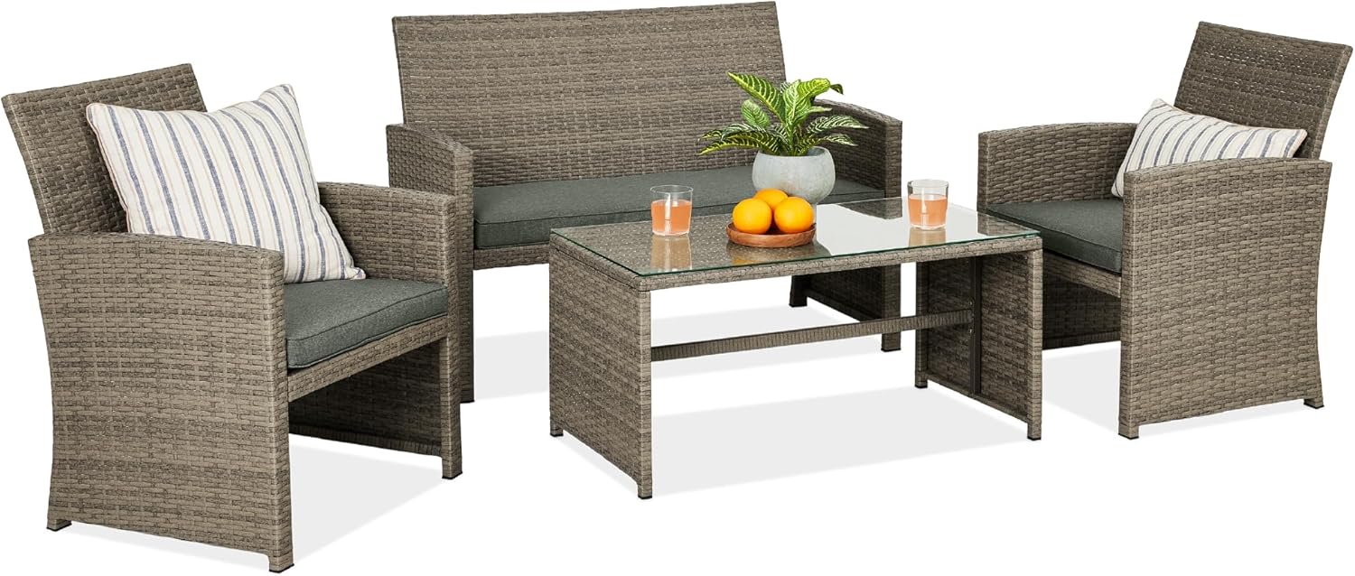 4-Piece Outdoor Wicker Patio Conversation Furniture Set for Backyard w/Coffee Table, Seat Cushions - Brown/Beige