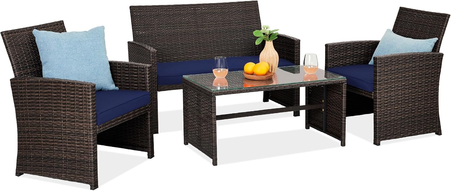 4-Piece Outdoor Wicker Patio Conversation Furniture Set for Backyard w/Coffee Table, Seat Cushions - Brown/Beige