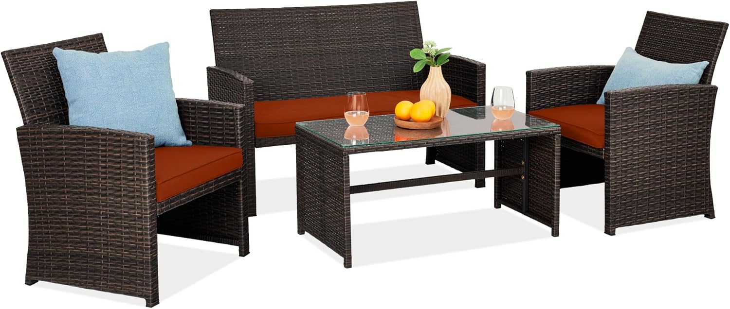 4-Piece Outdoor Wicker Patio Conversation Furniture Set for Backyard w/Coffee Table, Seat Cushions - Brown/Beige