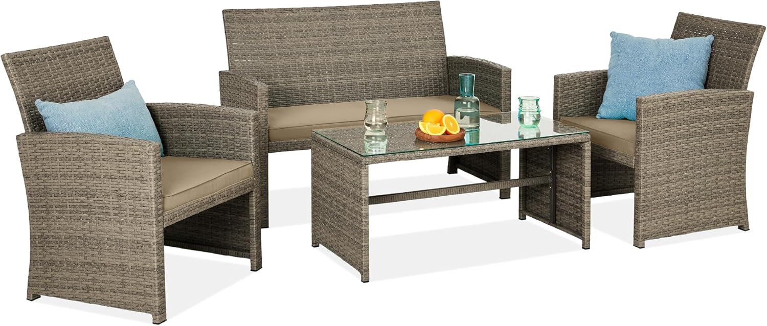 4-Piece Outdoor Wicker Patio Conversation Furniture Set for Backyard w/Coffee Table, Seat Cushions - Brown/Beige