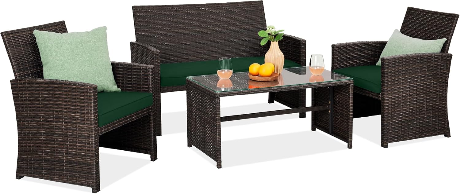 4-Piece Outdoor Wicker Patio Conversation Furniture Set for Backyard w/Coffee Table, Seat Cushions - Brown/Beige