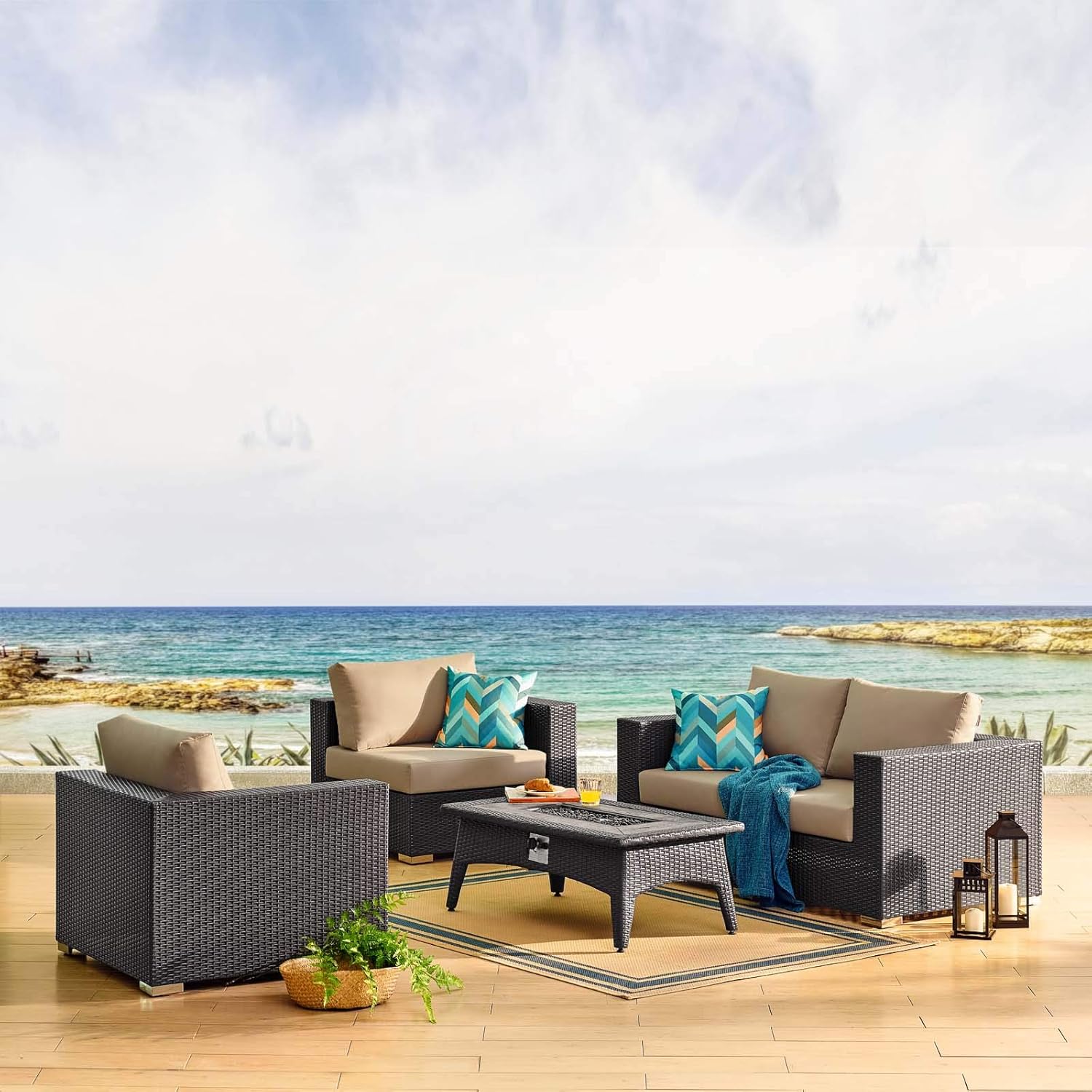  3-Pc Outdoor Patio Sectional Set with Fire Pit