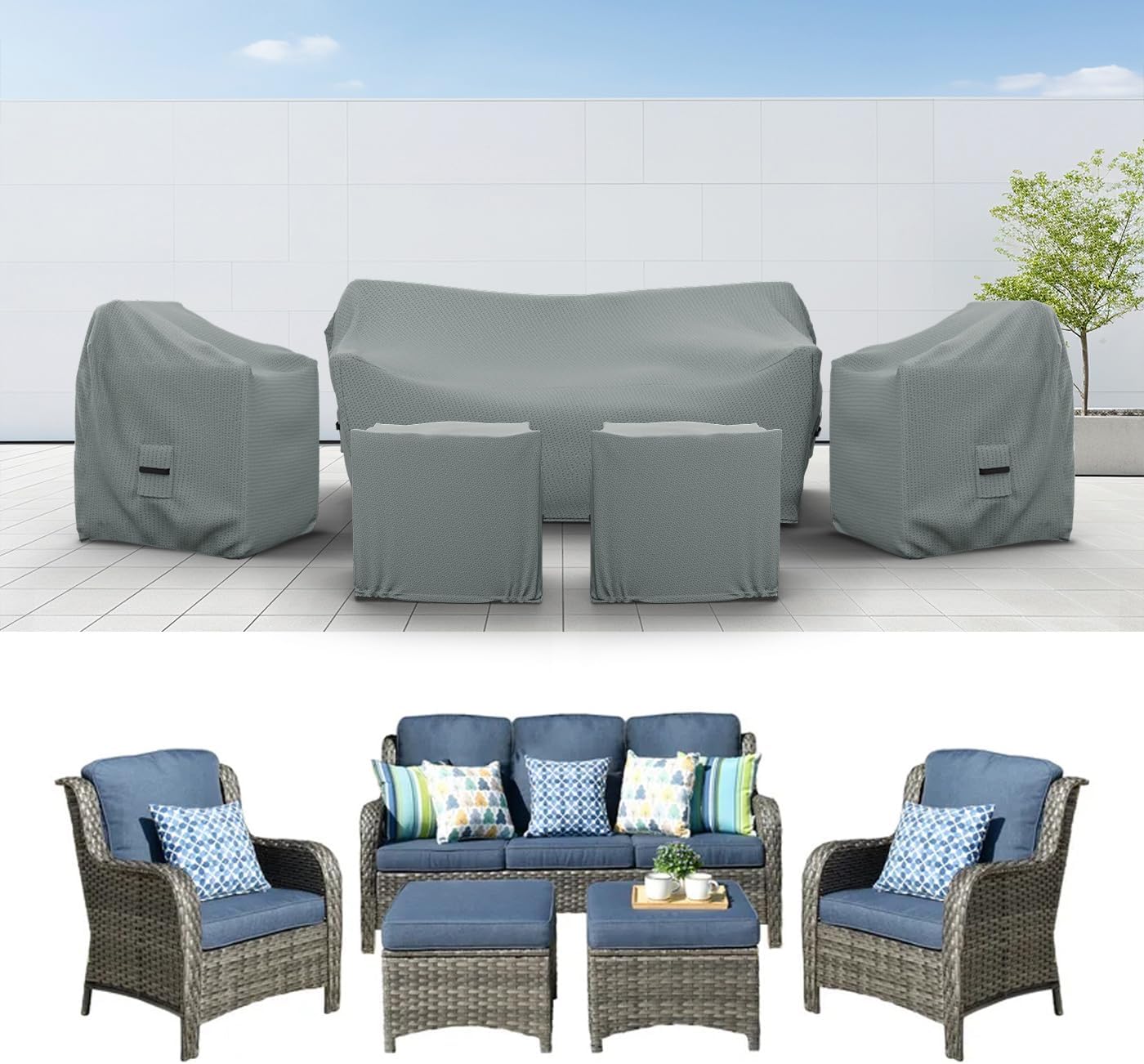 Covers & All Patio Furniture Cover Set, 5 Piece Outdoor Furniture Covers, Water-Repellent, UV & Weather Resistant Covers for Sofa, Loveseat, Chairs & Coffee Table with Elastic and Padded Handles