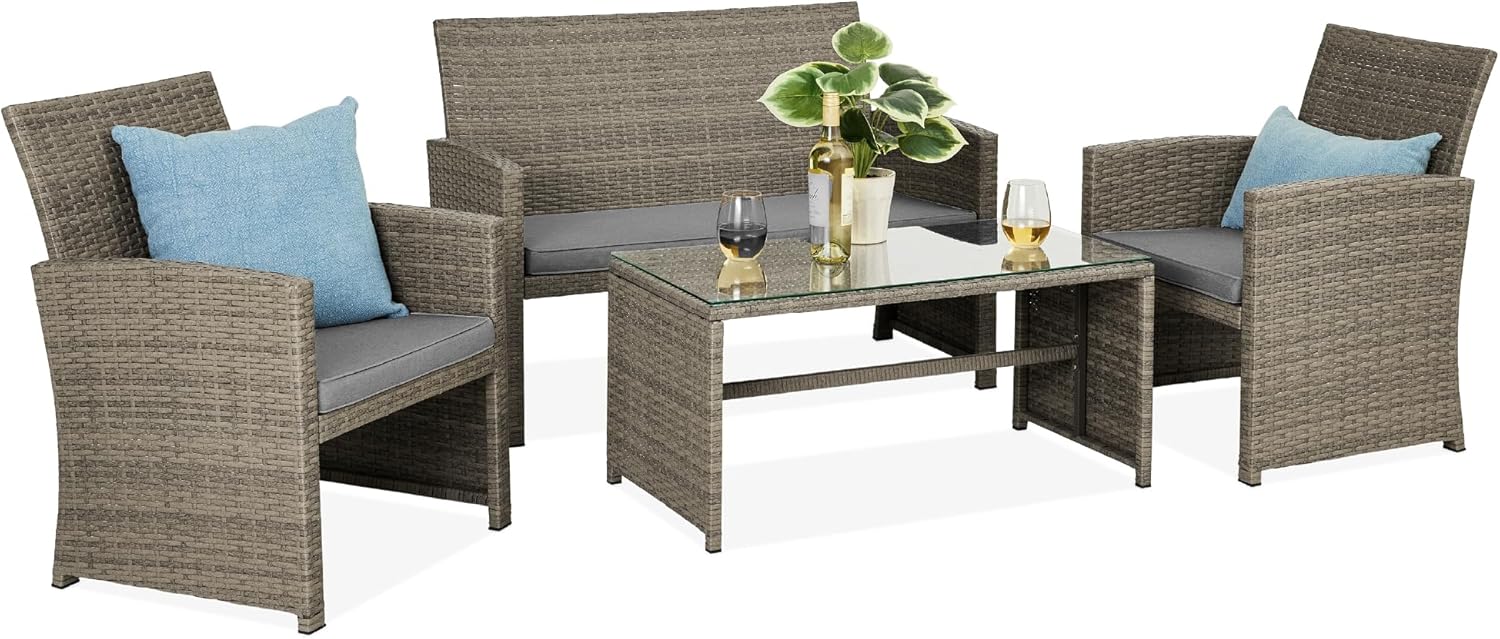 4-Piece Outdoor Wicker Patio Conversation Furniture Set for Backyard w/Coffee Table, Seat Cushions - Brown/Beige