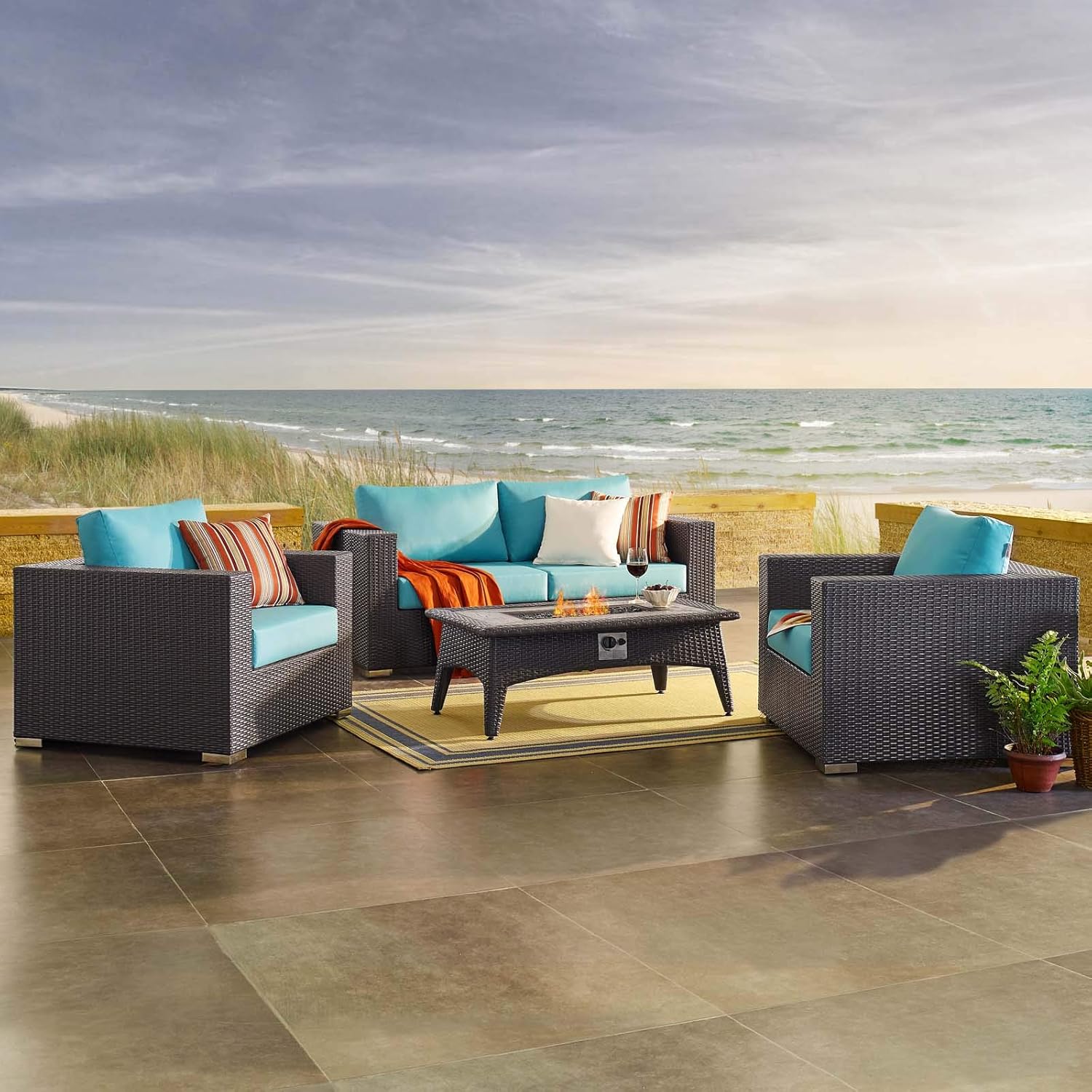  3-Pc Outdoor Patio Sectional Set with Fire Pit