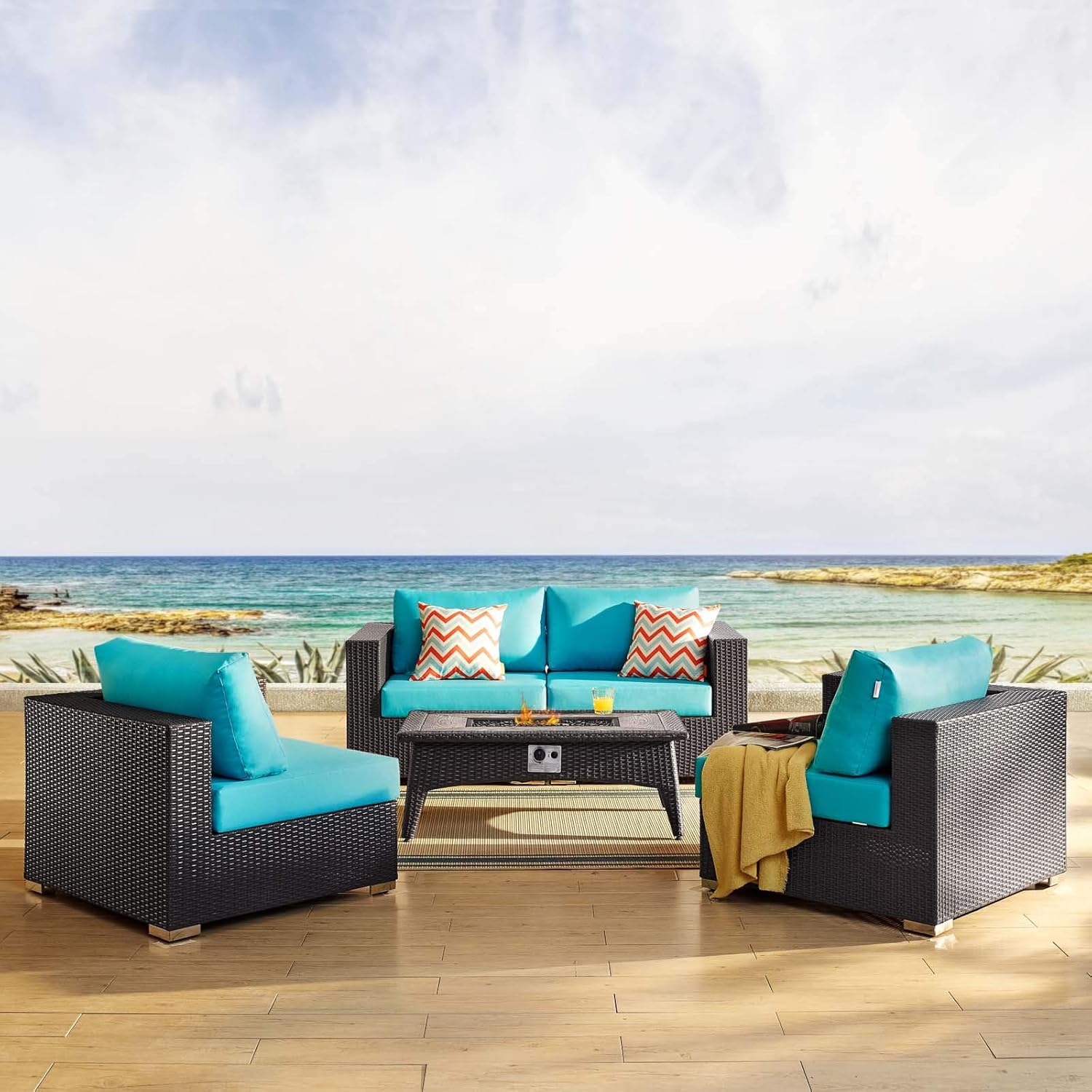  3-Pc Outdoor Patio Sectional Set with Fire Pit