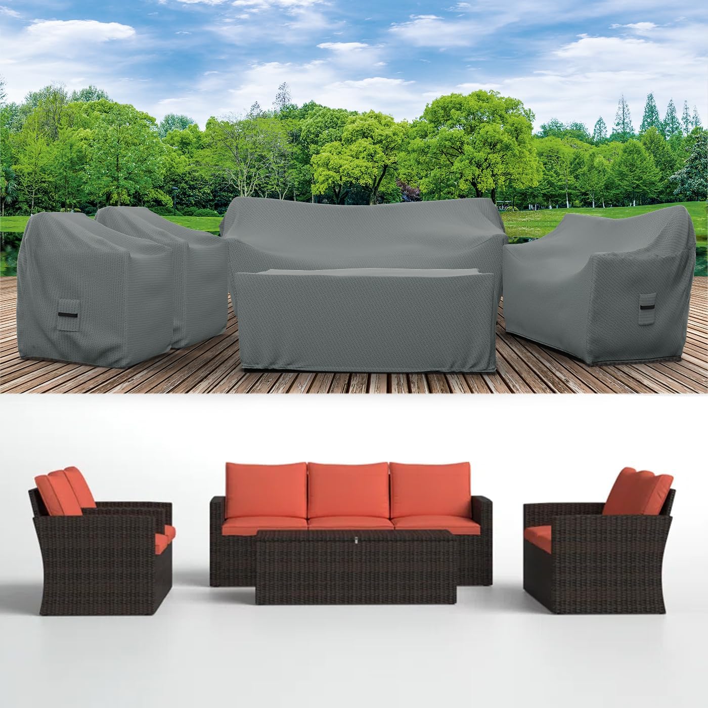 Covers & All Patio Furniture Cover Set, 5 Piece Outdoor Furniture Covers, Water-Repellent, UV & Weather Resistant Covers for Sofa, Loveseat, Chairs & Coffee Table with Elastic and Padded Handles