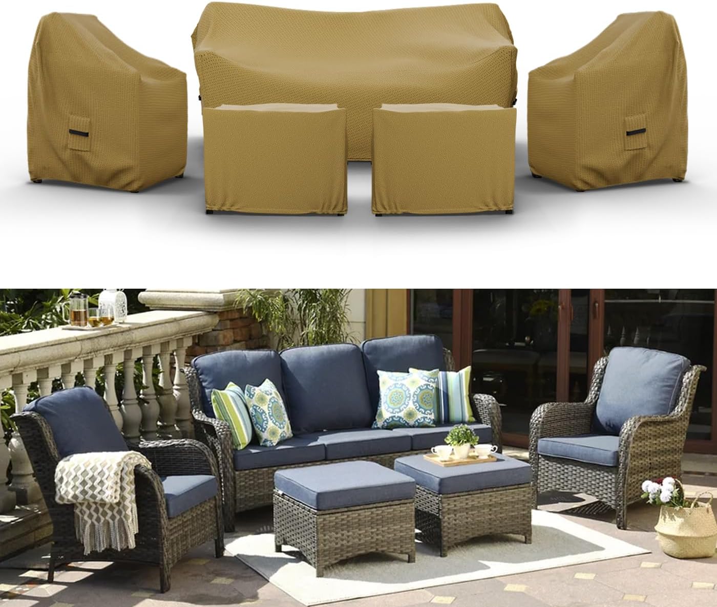 Covers & All Patio Furniture Cover Set, 5 Piece Outdoor Furniture Covers, Water-Repellent, UV & Weather Resistant Covers for Sofa, Loveseat, Chairs & Coffee Table with Elastic and Padded Handles