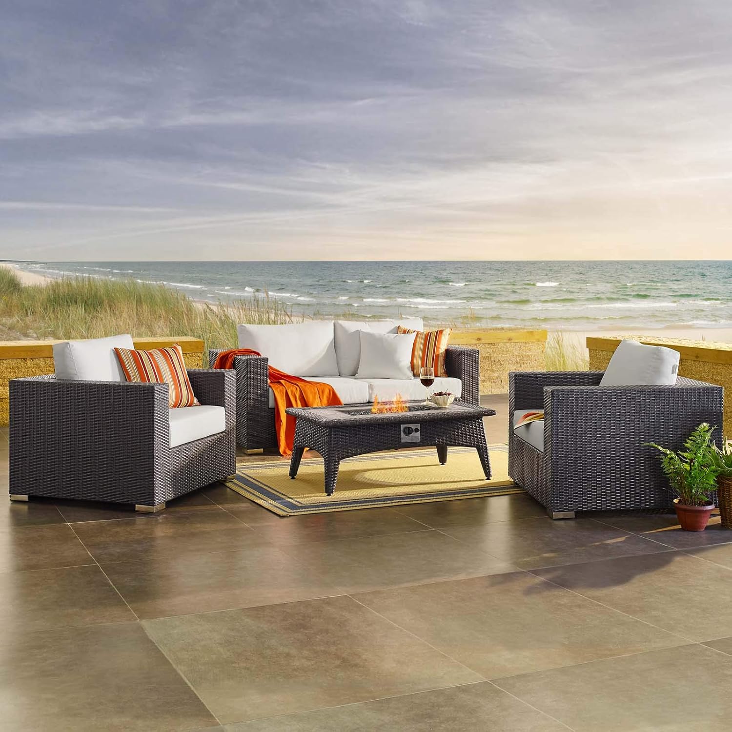  3-Pc Outdoor Patio Sectional Set with Fire Pit