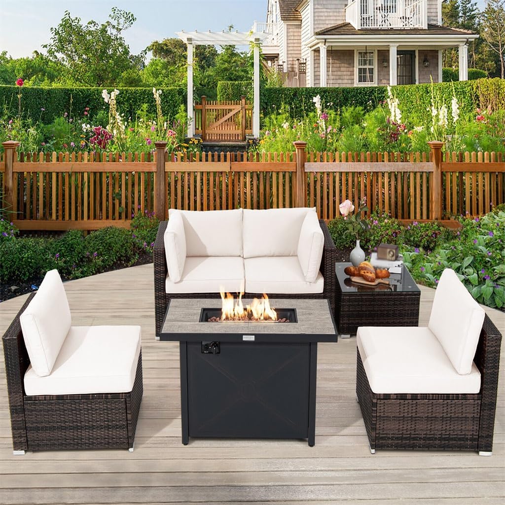 6PCS Patio Furniture Set Rattan Cushioned Gas Fire Pit Table Beige