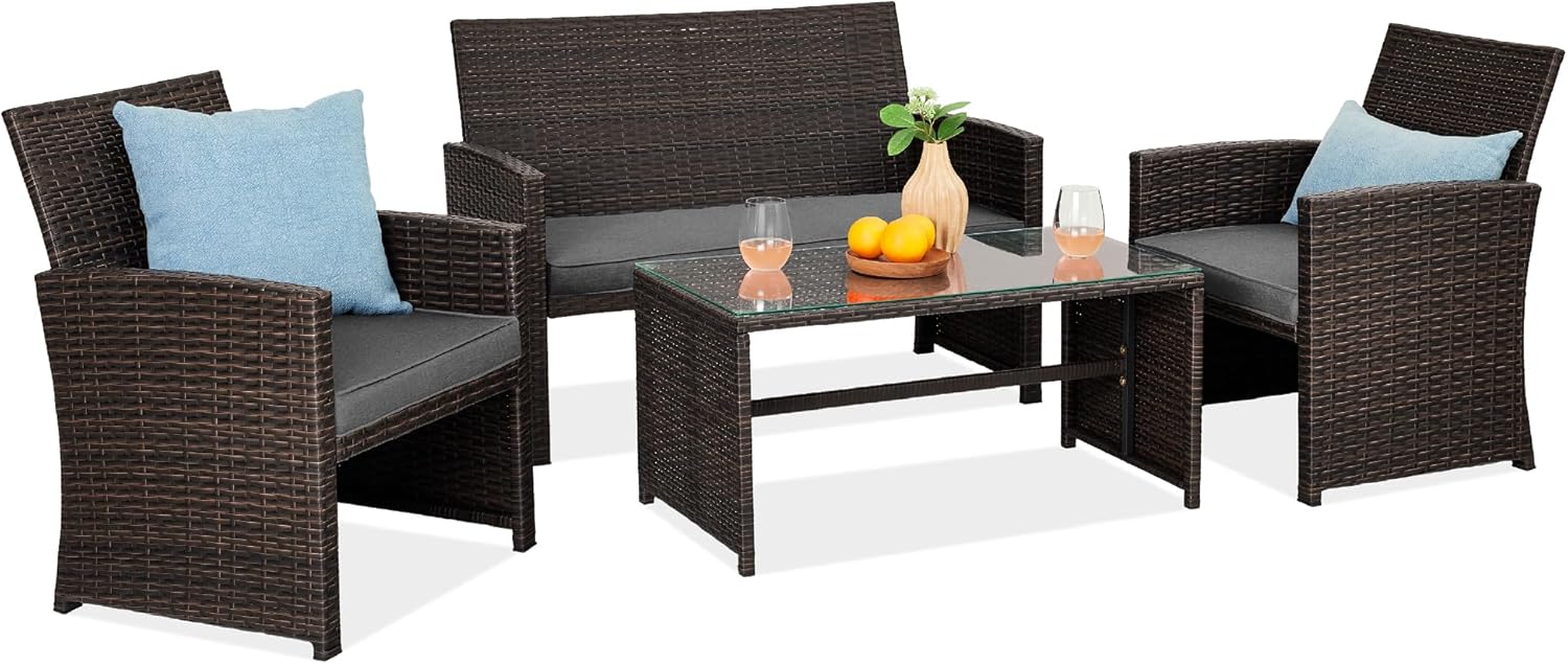 4-Piece Outdoor Wicker Patio Conversation Furniture Set for Backyard w/Coffee Table, Seat Cushions - Brown/Beige