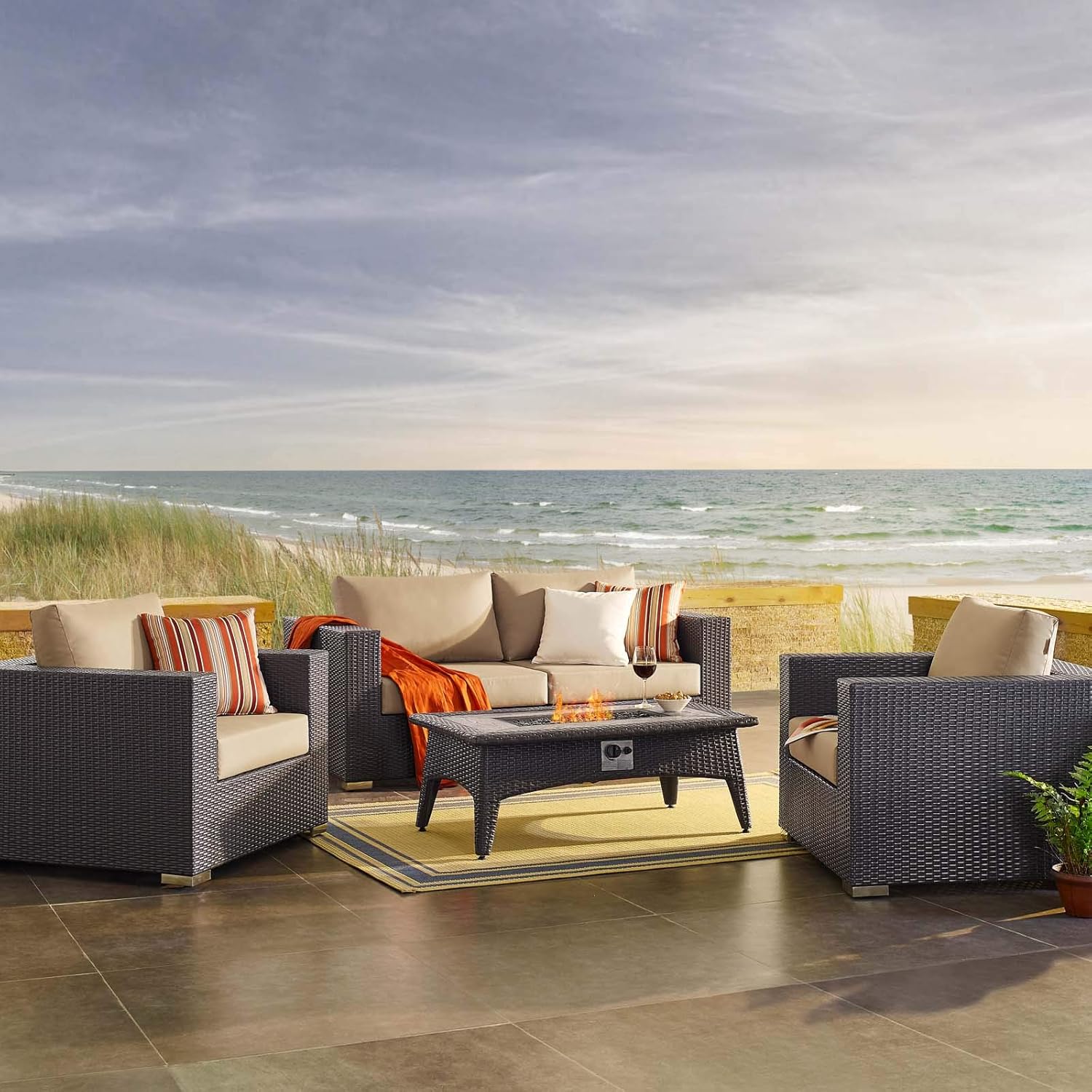  3-Pc Outdoor Patio Sectional Set with Fire Pit