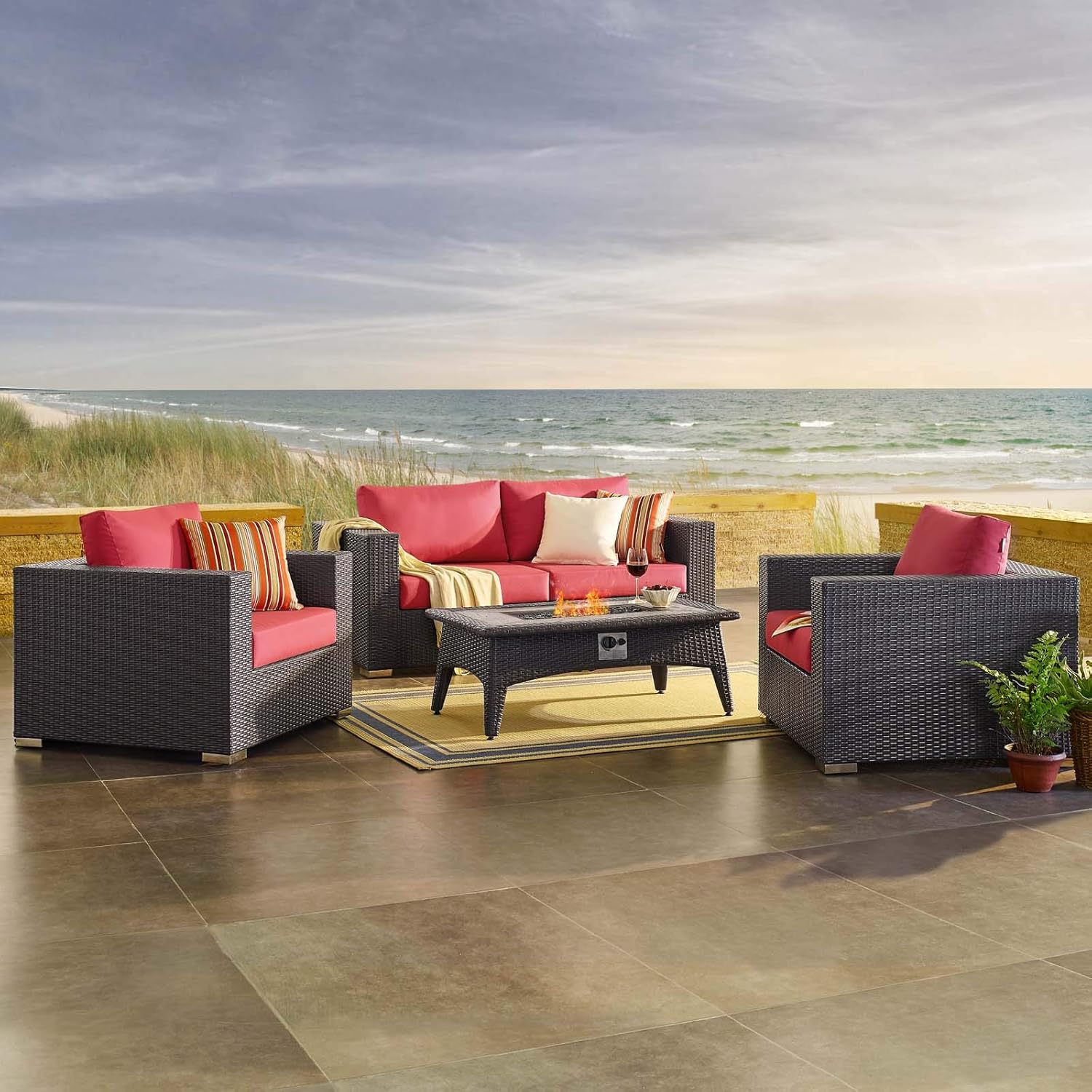  3-Pc Outdoor Patio Sectional Set with Fire Pit