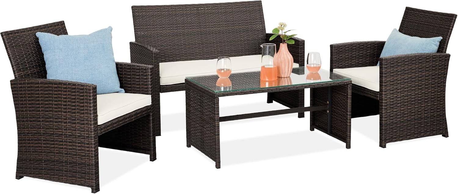 4-Piece Outdoor Wicker Patio Conversation Furniture Set for Backyard w/Coffee Table, Seat Cushions - Brown/Beige
