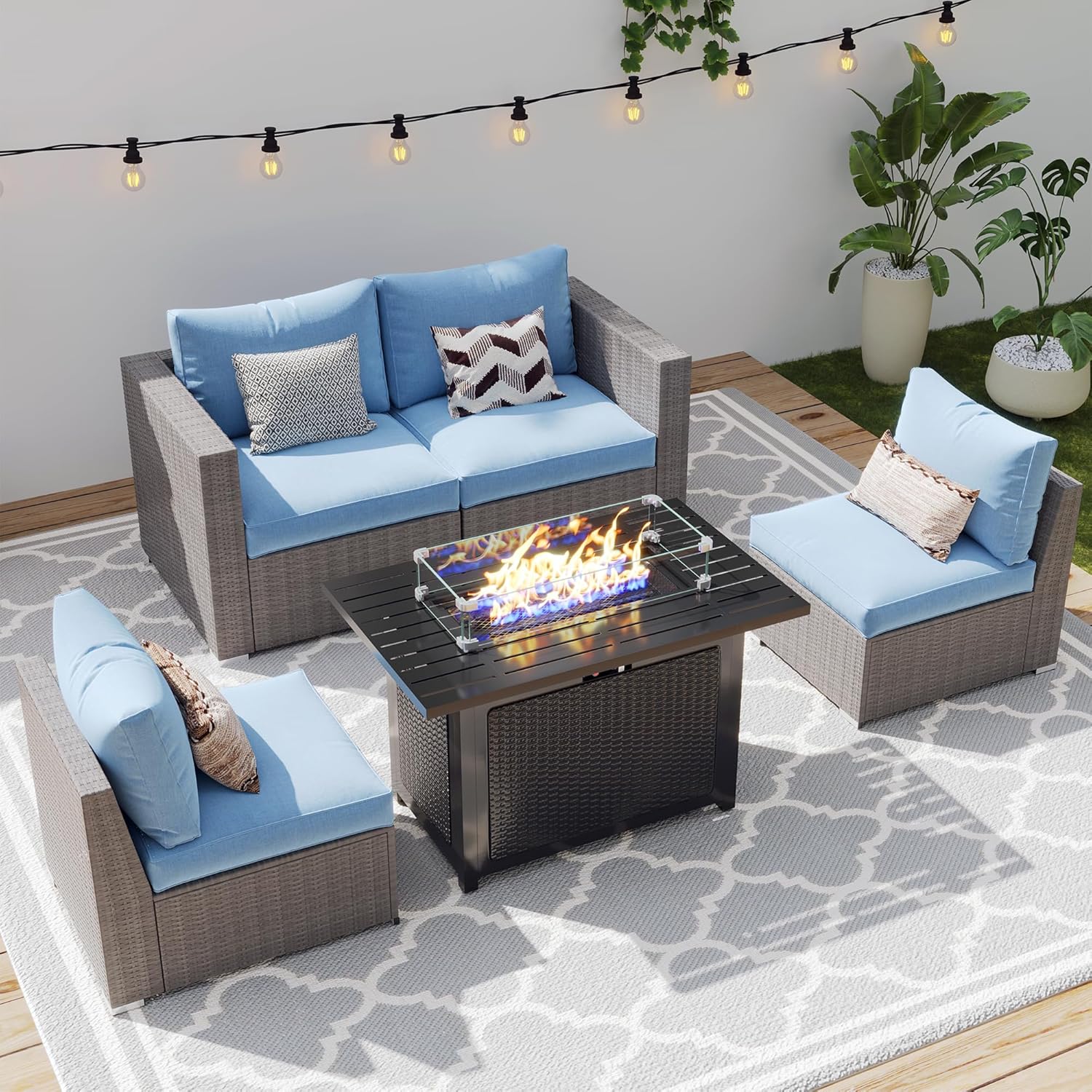  Patio Furniture Set for All Wheather, 7 Pieces Wicker Outdoor Furniture Set with Washable Cushions & Fire Pit Table, Oversized Outdoor Sectional for Garden, Poolside, Backyard, Blue