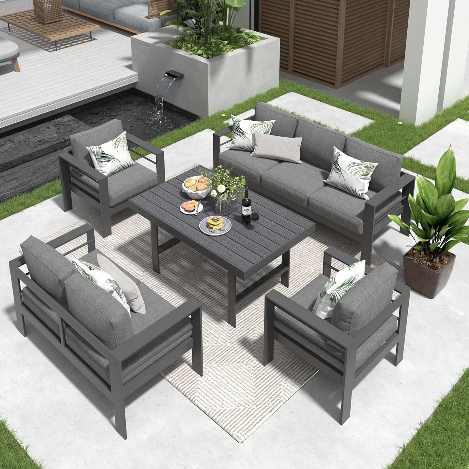  Outdoor Aluminum Furniture Set - 4 Pieces Patio Sectional Chat Sofa Conversation Set with Tempered Glass Table top Coffee Table,Grey