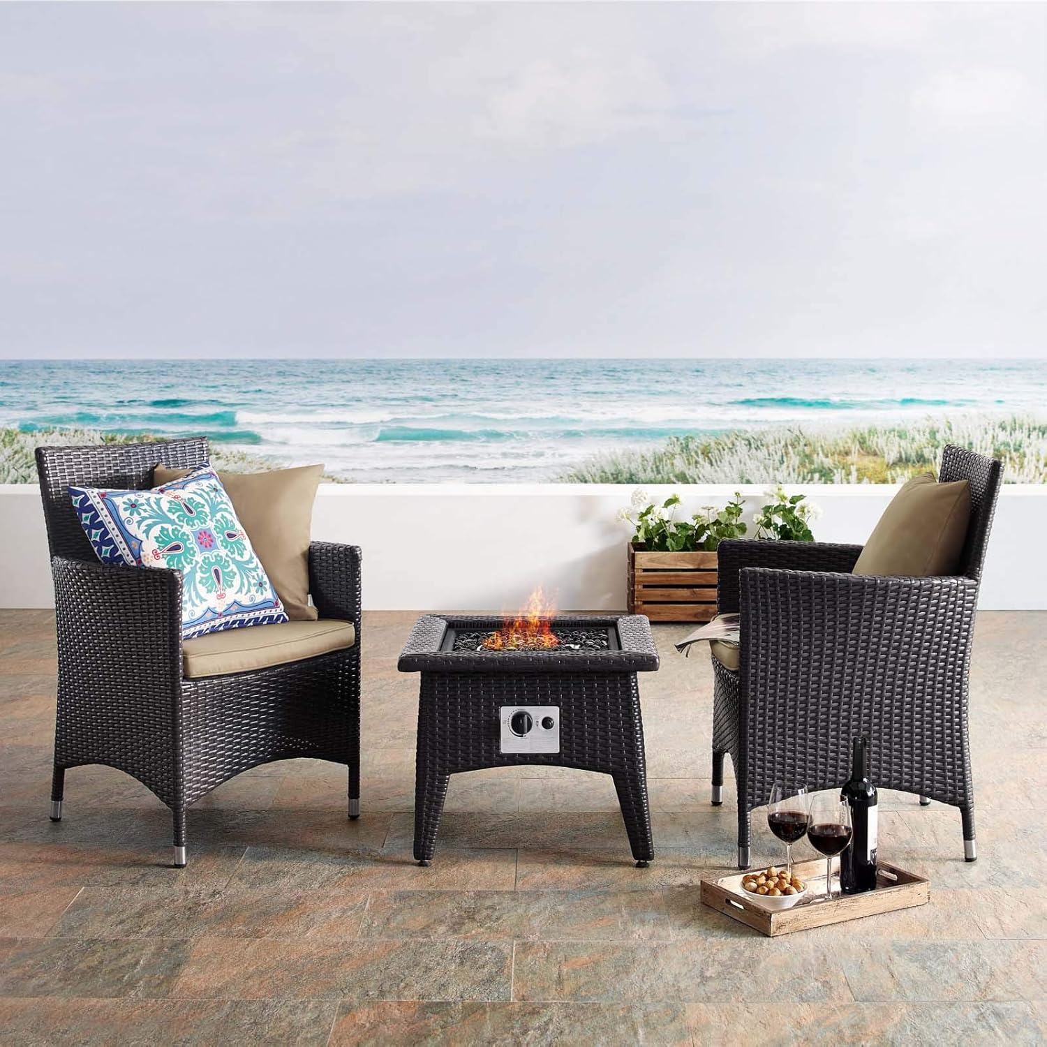  3-Pc Outdoor Patio Sectional Set with Fire Pit