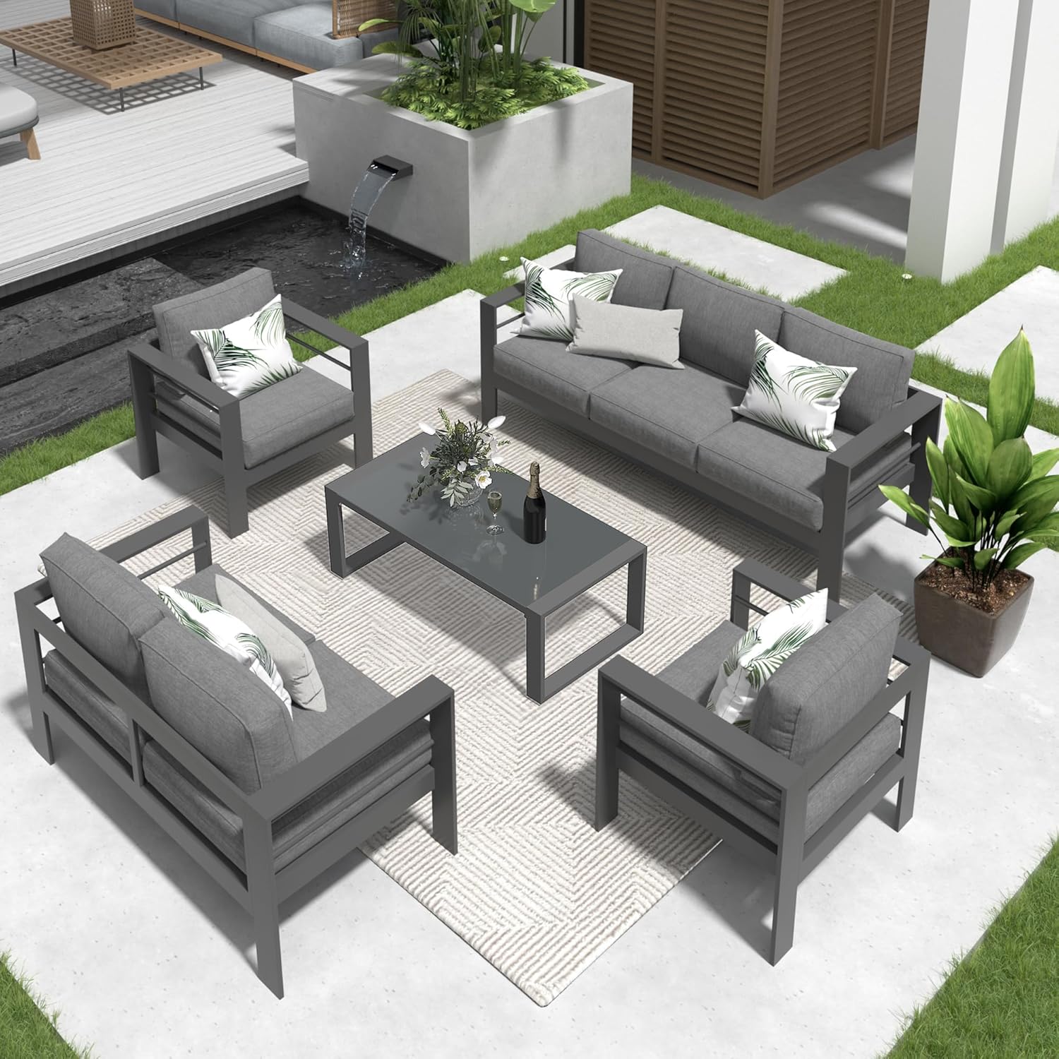 Outdoor Aluminum Furniture Set - 4 Pieces Patio Sectional Chat Sofa Conversation Set with Tempered Glass Table top Coffee Table,Grey