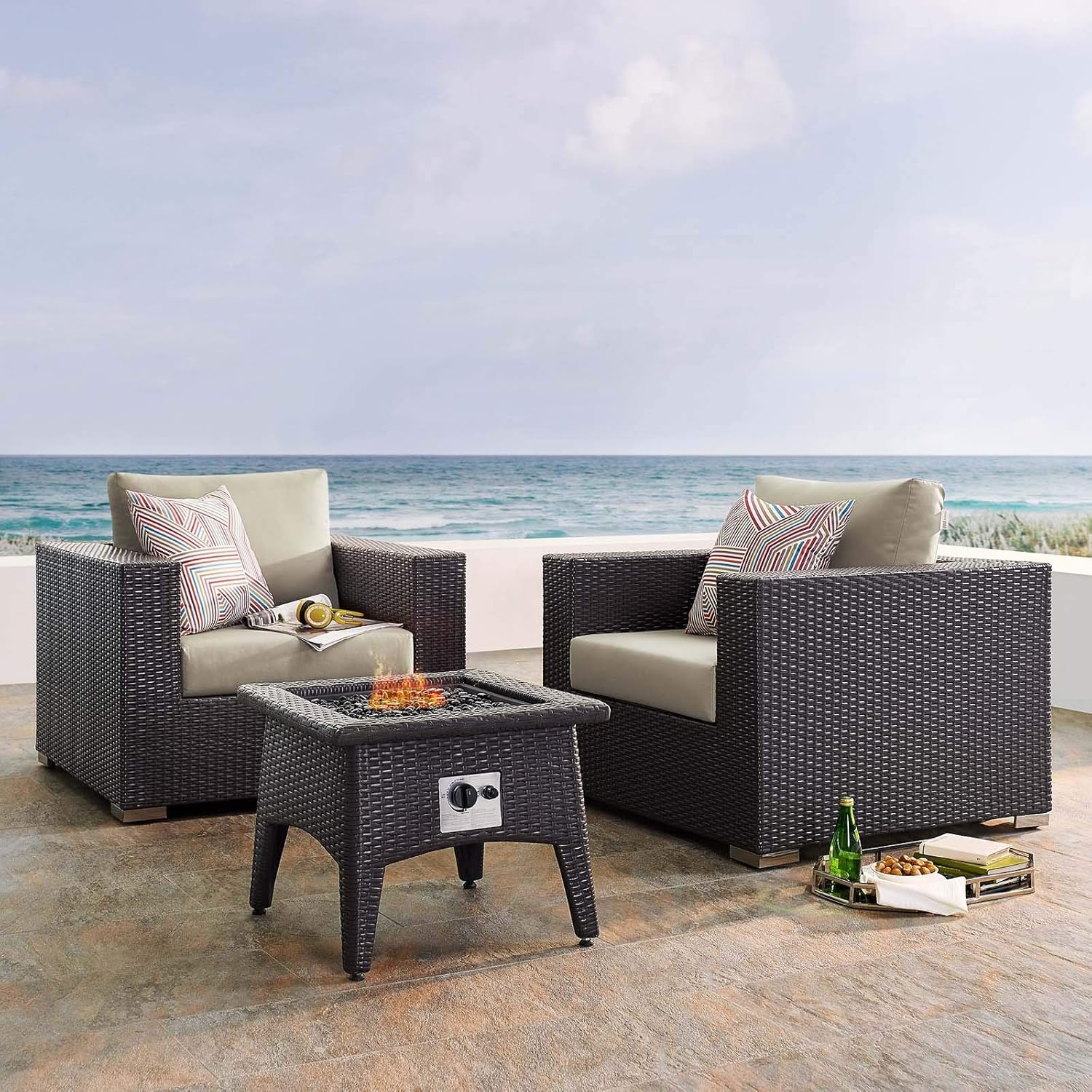  3-Pc Outdoor Patio Sectional Set with Fire Pit