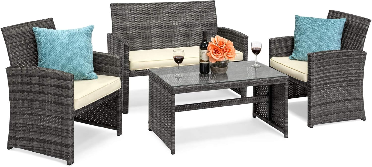 4-Piece Outdoor Wicker Patio Conversation Furniture Set for Backyard w/Coffee Table, Seat Cushions - Brown/Beige