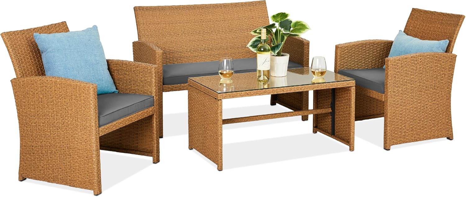 4-Piece Outdoor Wicker Patio Conversation Furniture Set for Backyard w/Coffee Table, Seat Cushions - Brown/Beige