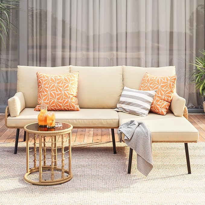  3-Piece Outdoor Patio Furniture Set, All-Weather PE Wicker L-Shaped Conversation Sofa with Thick Cushions & Glass Table, for Backyard, Porch, Balcony, Poolside (Beige)