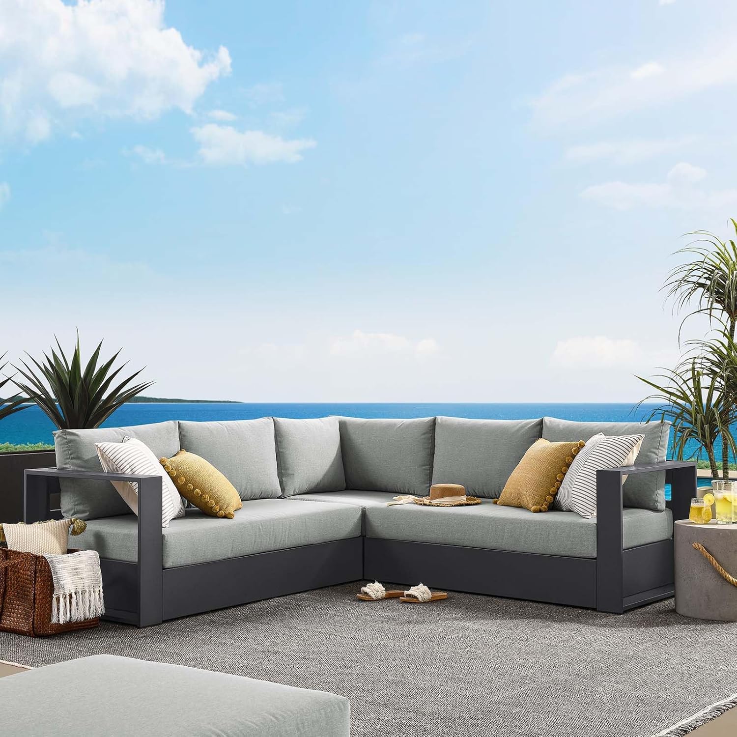Aluminum 3-Piece Outdoor Patio Furniture Gray White, Modular Sectional Sofa Set with Weather-Resistant Cushions, Ideal for Deck, Backyard Poolside