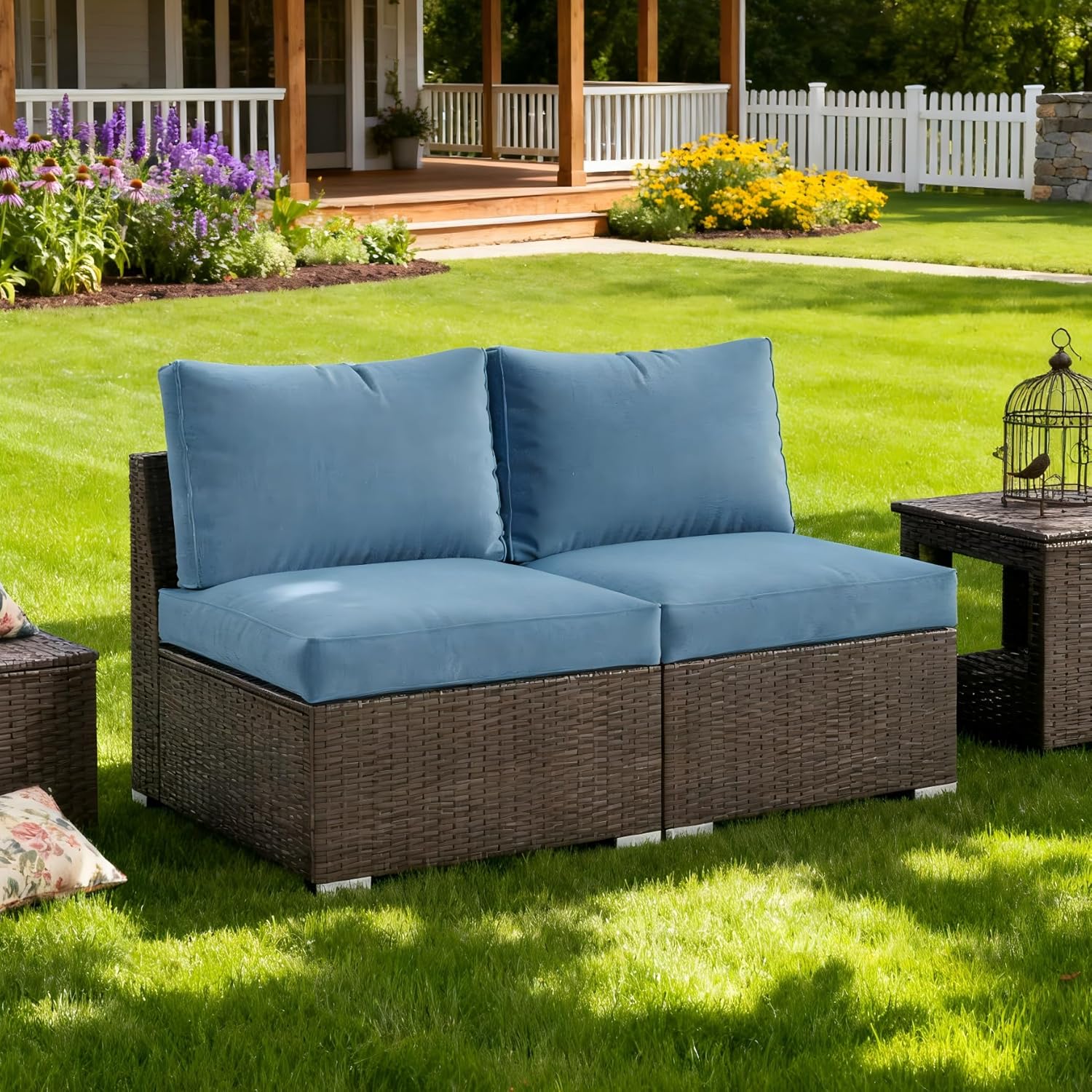 Patio Furniture Set for All Wheather, 7 Pieces Wicker Outdoor Furniture Set with Washable Cushions & Fire Pit Table, Oversized Outdoor Sectional for Garden, Poolside, Backyard, Blue