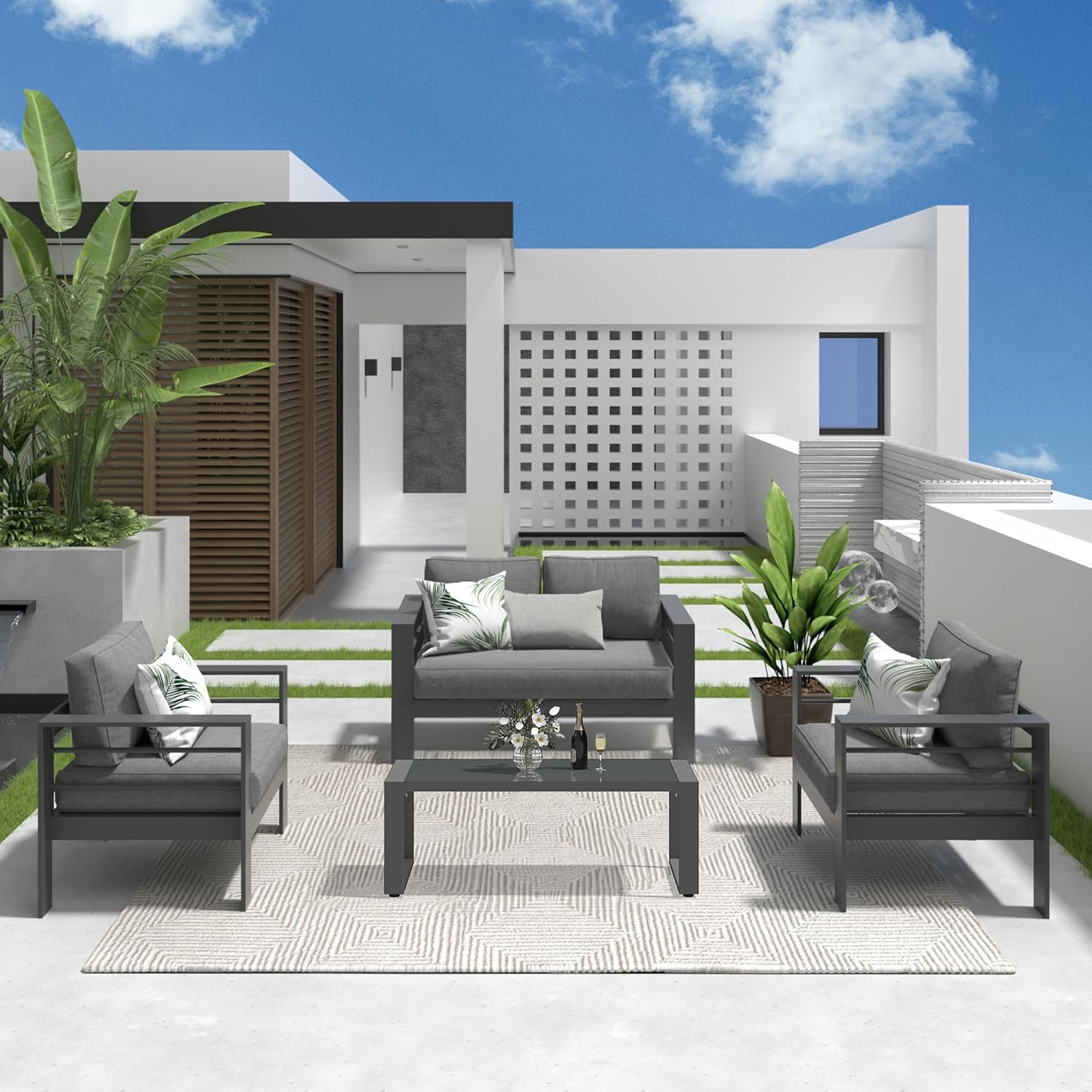  Outdoor Aluminum Furniture Set - 4 Pieces Patio Sectional Chat Sofa Conversation Set with Tempered Glass Table top Coffee Table,Grey