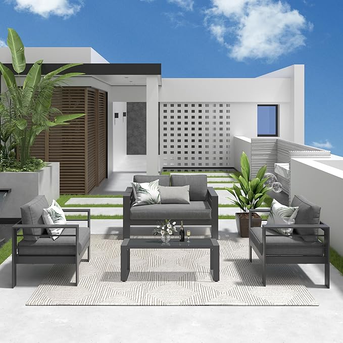  Outdoor Aluminum Furniture Set - 4 Pieces Patio Sectional Chat Sofa Conversation Set with Tempered Glass Table top Coffee Table,Grey