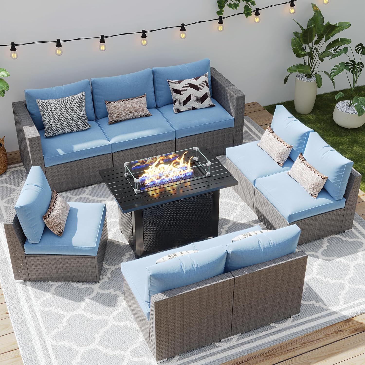  Patio Furniture Set for All Wheather, 7 Pieces Wicker Outdoor Furniture Set with Washable Cushions & Fire Pit Table, Oversized Outdoor Sectional for Garden, Poolside, Backyard, Blue