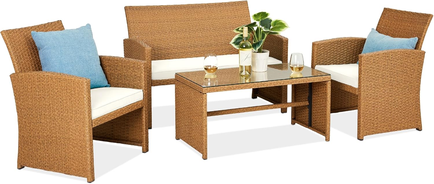 4-Piece Outdoor Wicker Patio Conversation Furniture Set for Backyard w/Coffee Table, Seat Cushions - Brown/Beige